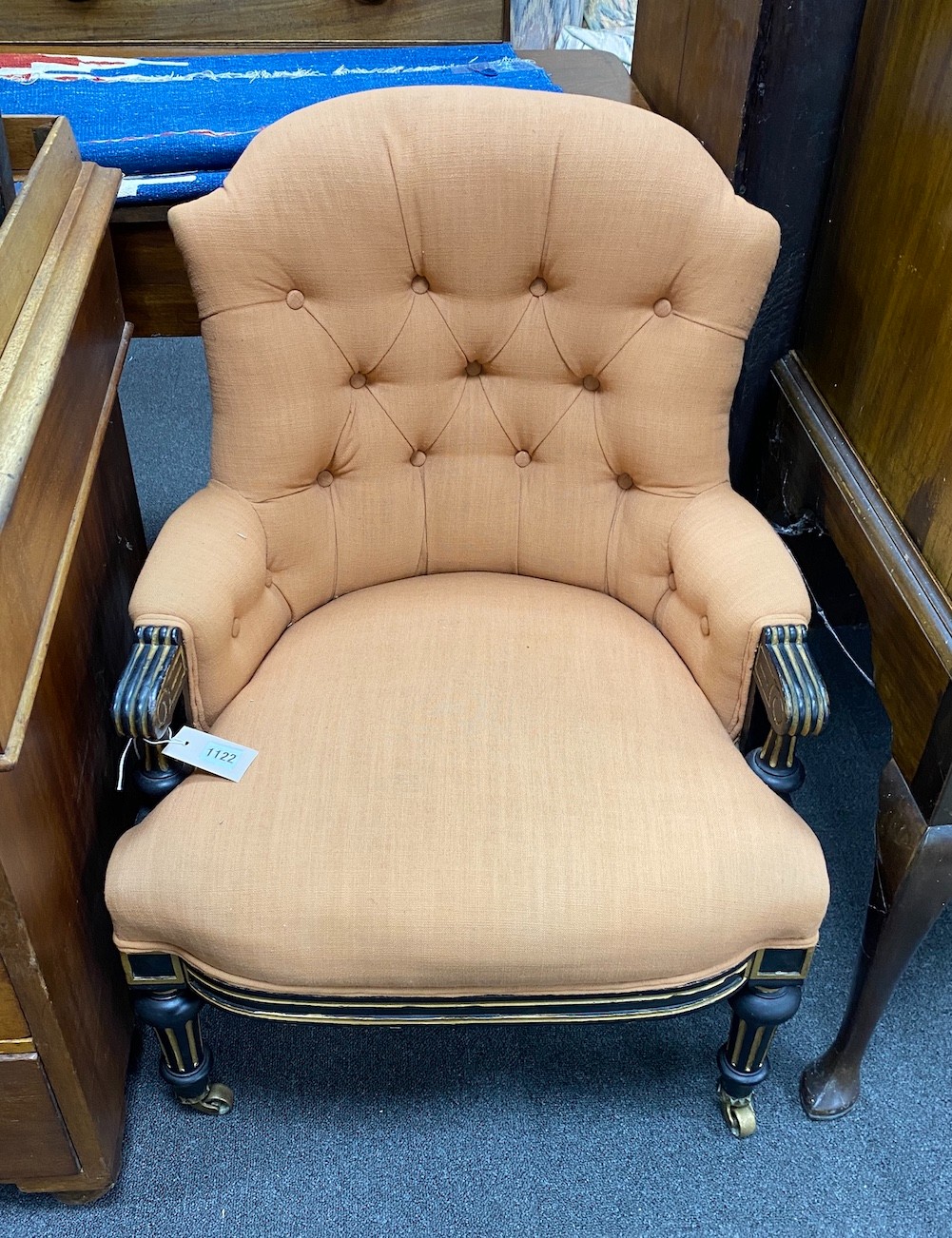 A small Victorian upholstered ebonised side chair, width 58cm, depth 50cm, height 77cm